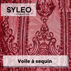 Tissu voile brodé sequins rouge